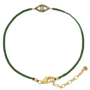 Tai: Bracelet, Multi Color CZ Opal Evil Eye w/Red/Green Cord, Adjustable Clasp