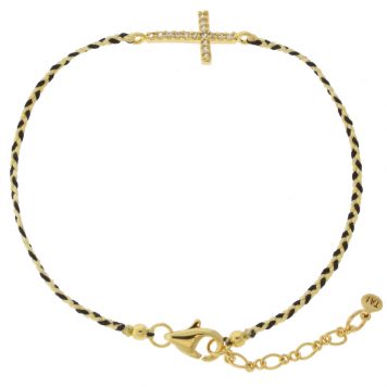 Tai: Bracelet, Gold Clear Cross w/ Black/Cream Braided Cord, Adjustable Clasp