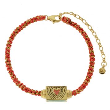 Tai: Bracelet, Orange Macrame Cord w/ Heart Enamel Spinner- Lobster Closure 6"-8"