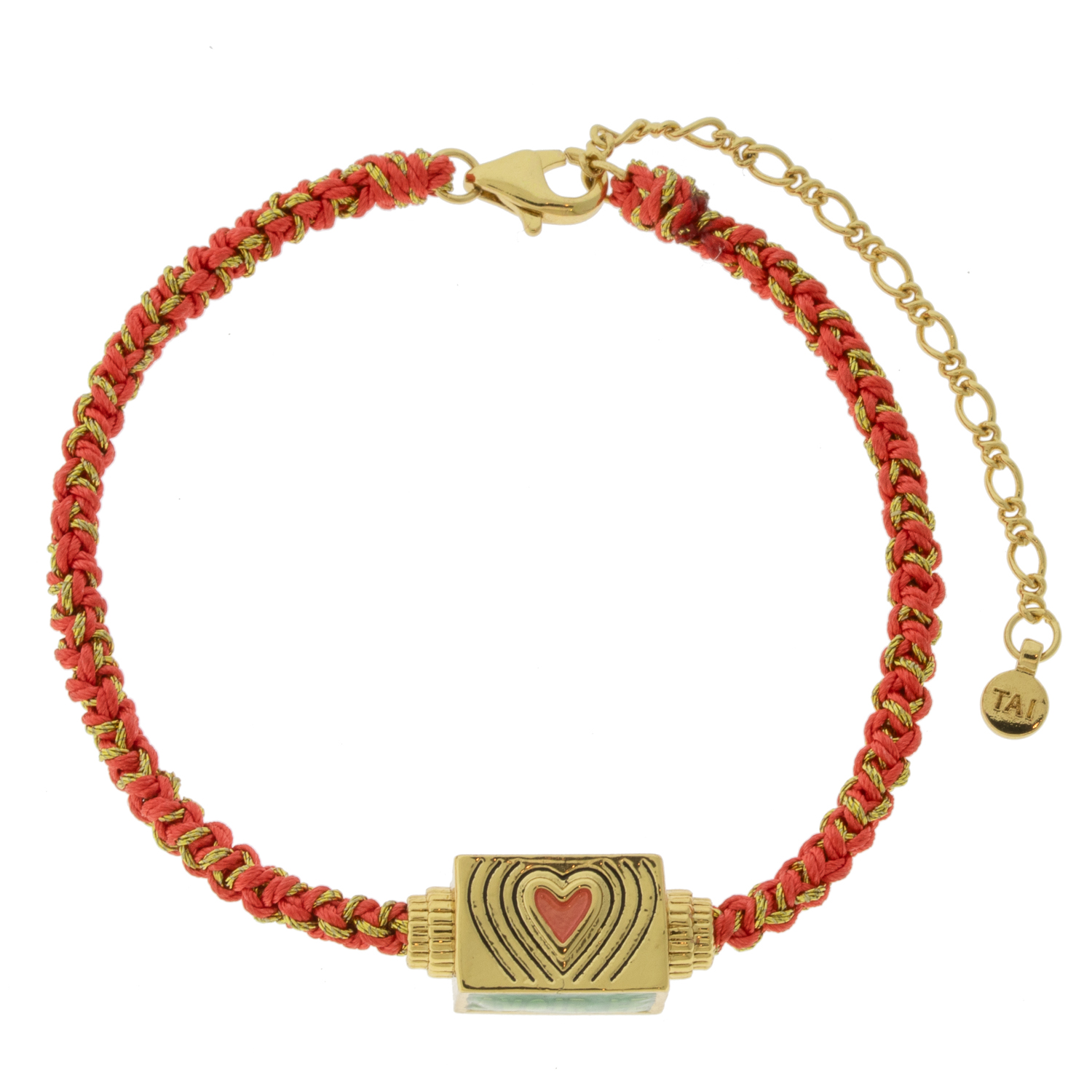 Tai: Bracelet, Orange Macrame Cord w/ Heart Enamel Spinner- Lobster Closure 6"-8"