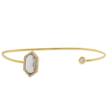 Tai: Gold Open Bracelet w/ Hexagon Charcoal Glass & CZ