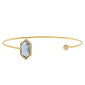 Tai: Gold Open Bracelet w/ Hexagon Montana Blue Glass & CZ