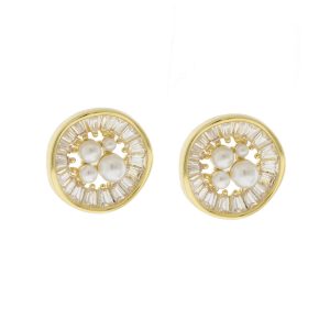 Tai: Baguette Shaped CZ Disc Post Earring w/ Mixed Pearl Cluster