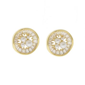 Tai: Baguette Shaped CZ Disc Post Earring w/ Mixed Pearl Cluster