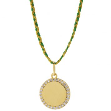 Tai: Necklace, Gold Disc w/ CZ - Yellow/Green Cord, Adjustable Clasp