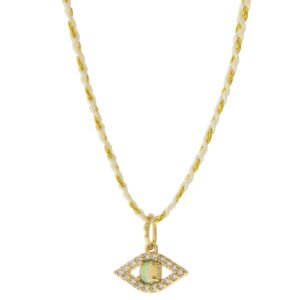 Tai: Necklace, Opal Evil Eye w/ Cream/Gold Braided Cord, Adjustable Clasp