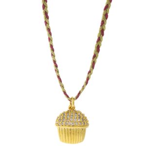 Tai: Necklace, CZ Cupcake w/ Red Wine/Gold Cord, Adjustable Clasp