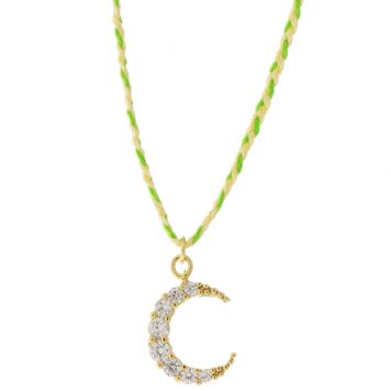 Tai: Necklace, CZ Moon w/ Yellow/Green Cord, Adjustable Clasp