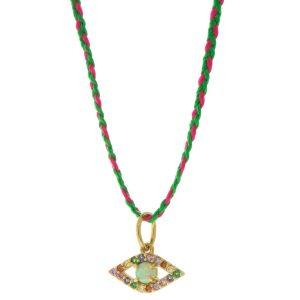 Tai: Necklace, Opal Evil Eye w/ Green/Pink Cord, Adjustable Clasp