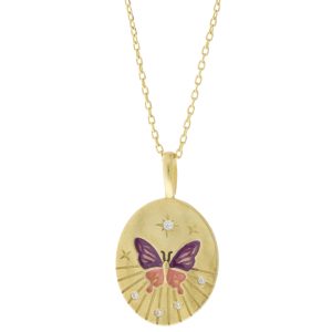 Tai: Gold Vermeil Chain w/ Round Pendant, CZ and Hand-Painted Butterfly