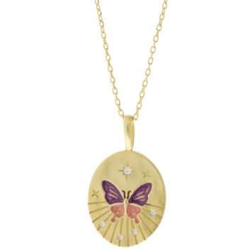 Tai: Gold Vermeil Chain w/ Round Pendant, CZ and Hand-Painted Butterfly
