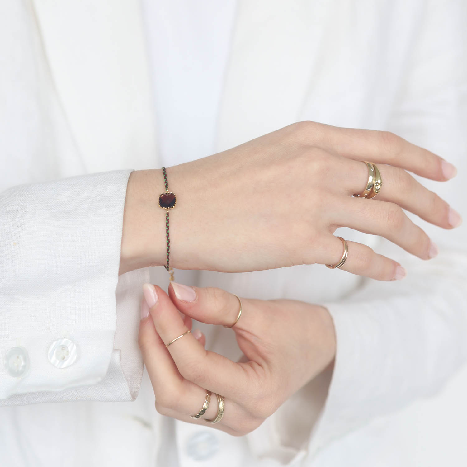 Tai: Bracelet, Red Wine Glass w/ Green/Brown Braided Cord, Adjustable Clasp