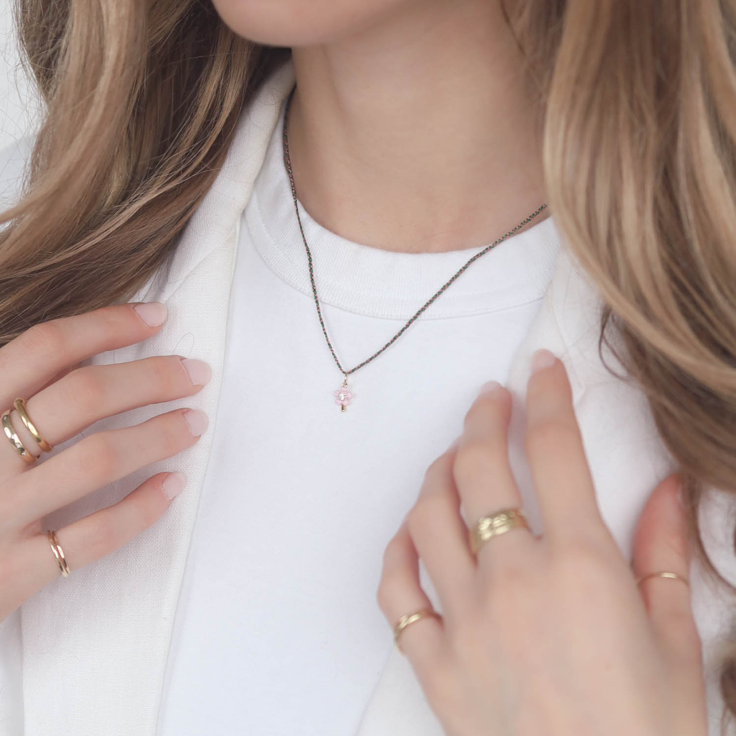 Tai: Necklace, Pink Flower w/ Pink/Green Cord, Adjustable Clasp