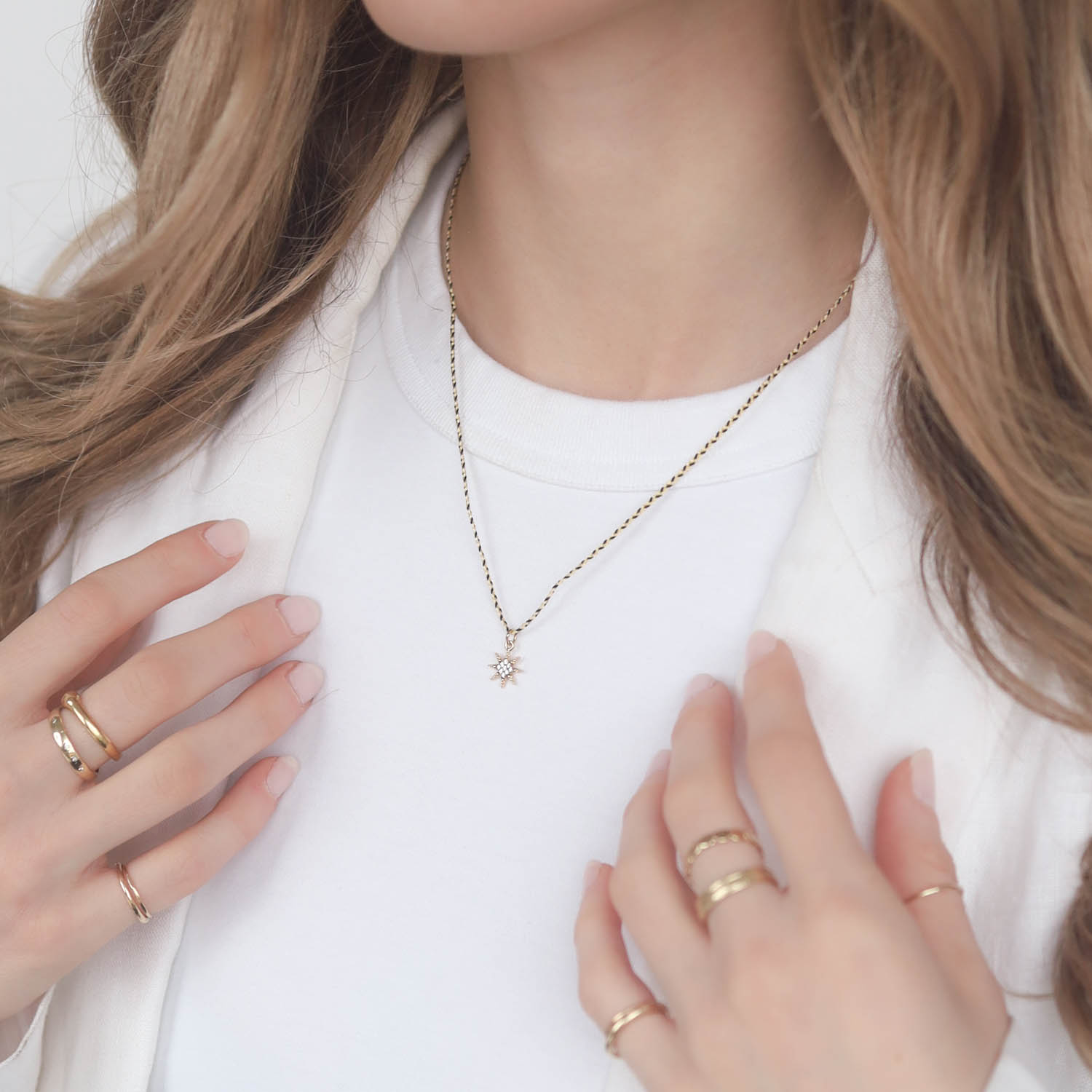 Tai: Necklace, Gold/Clear Starburst w/ Black/Cream Cord, Adjustable Clasp