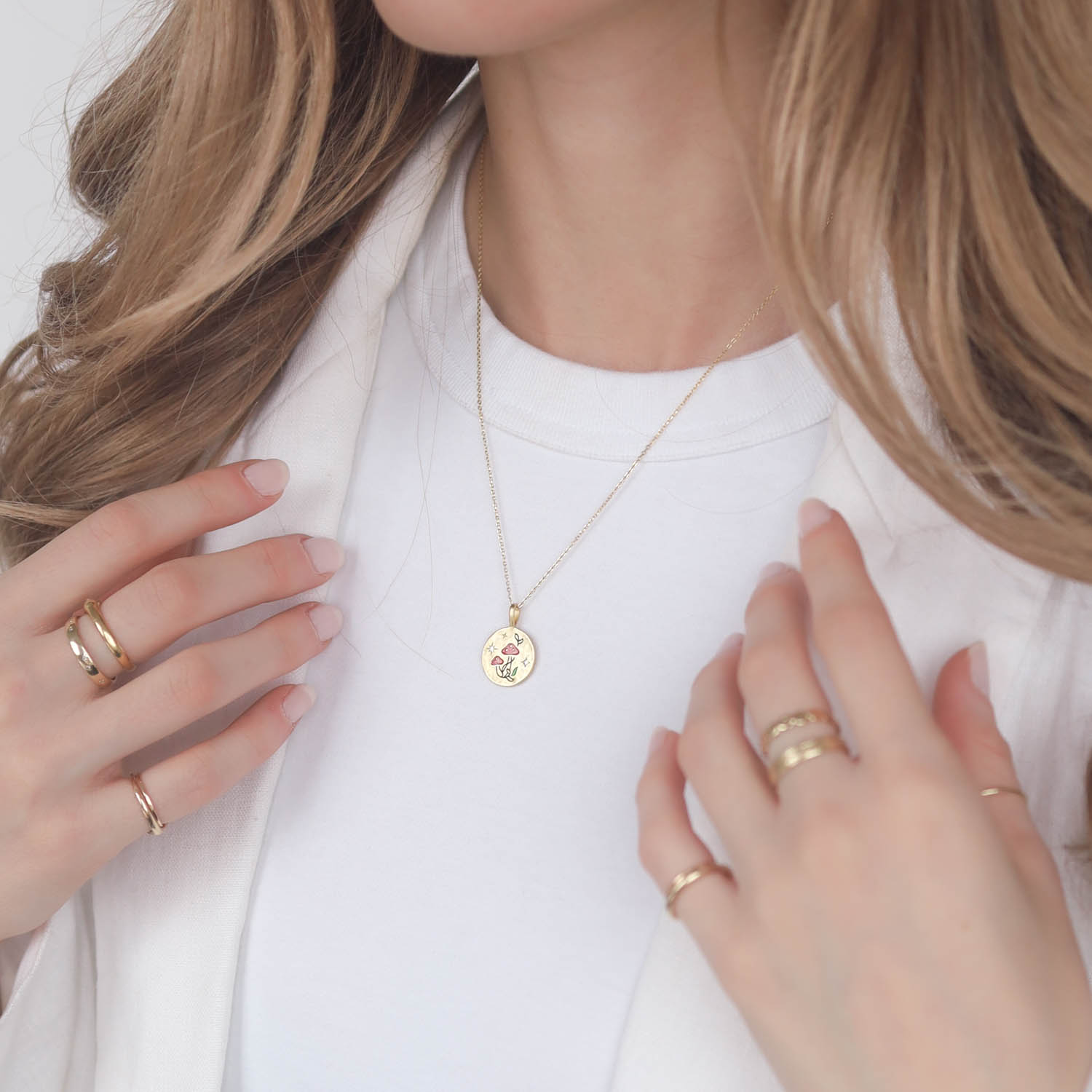 Tai: Gold Vermeil Chain w/ Round Pendant, CZ and Hand-Painted Mushroom