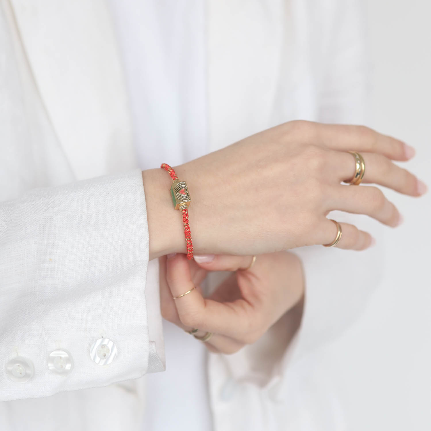 Tai: Bracelet, Orange Macrame Cord w/ Heart Enamel Spinner- Lobster Closure 6"-8"