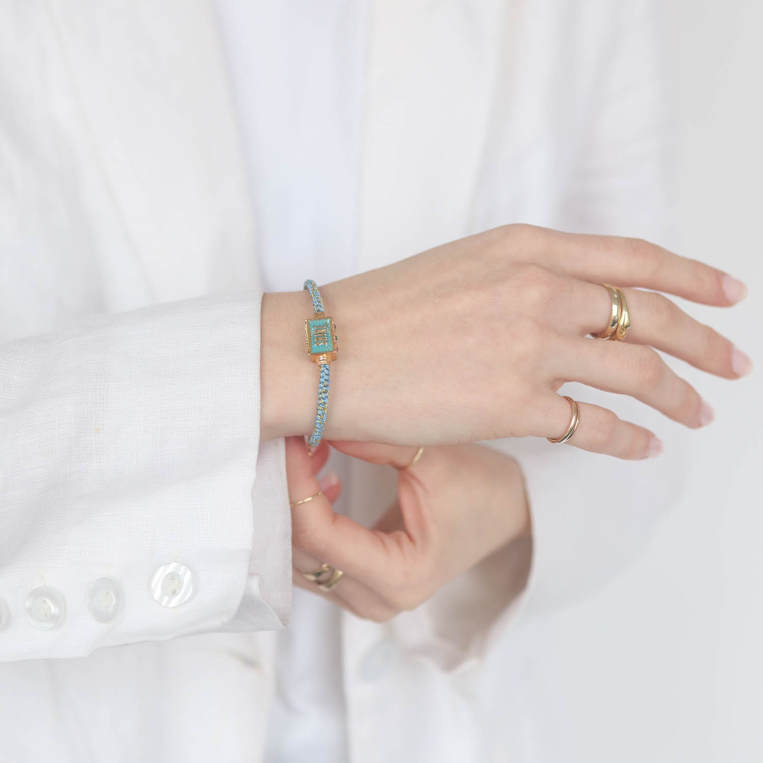 Tai: Bracelet, Blue Macrame Cord w/ Starry Sky Enamel Spinner- Lobster Closure 6"-8"