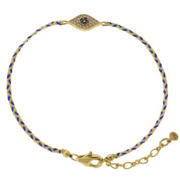 Tai: Bracelet, Gold Clear Montana Evil Eye w/Navy/Cream Braided Cord, Adjustable Clasp