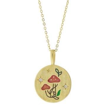 Tai: Gold Vermeil Chain w/ Round Pendant, CZ and Hand-Painted Mushroom