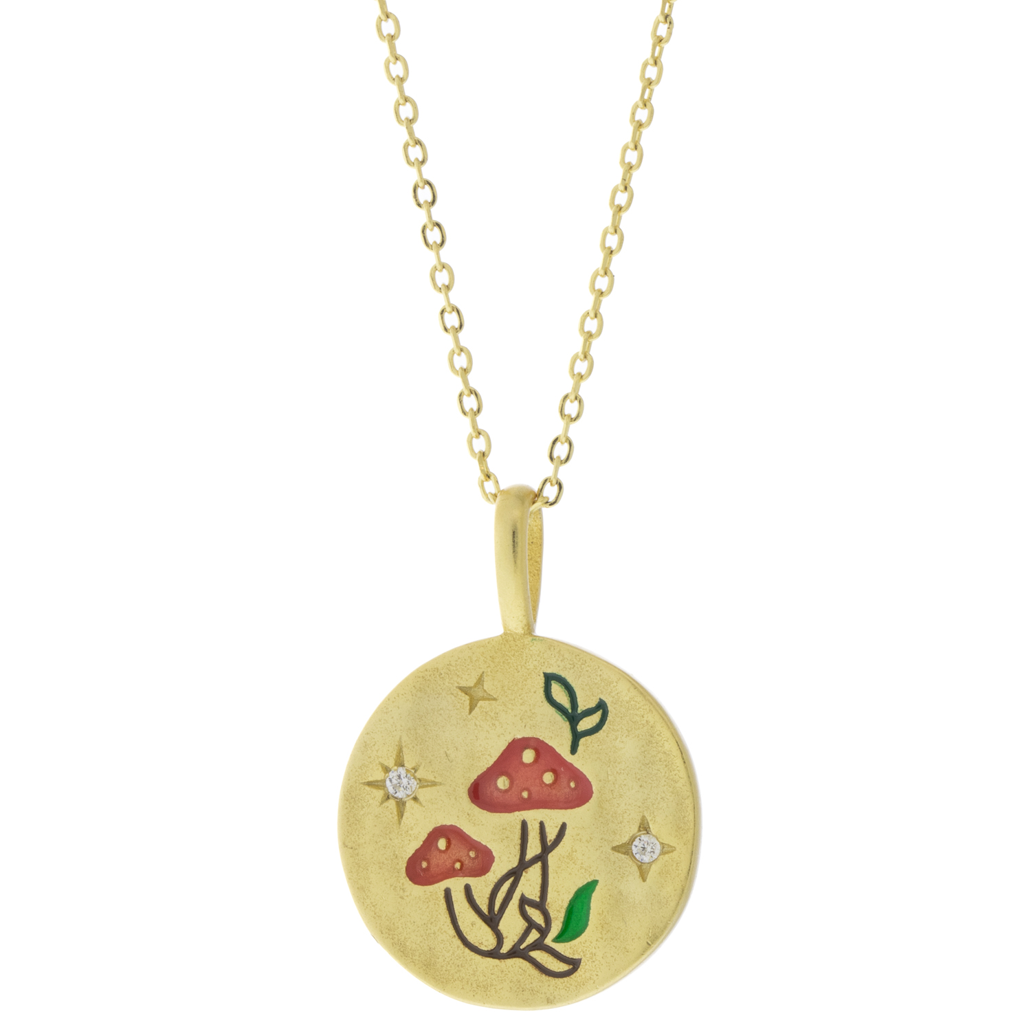 Tai: Gold Vermeil Chain w/ Round Pendant, CZ and Hand-Painted Mushroom