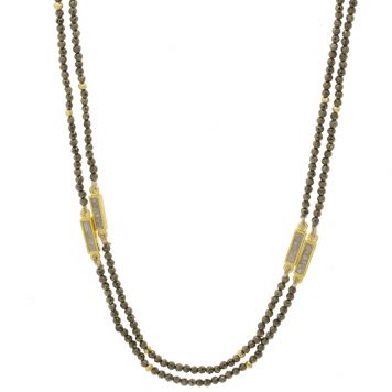 Shana Gulati:Zira Necklace, Sliced raw uncut diamonds,grey pyrite beads, gold pyrite beads, White Resin, 18k gold vermeil