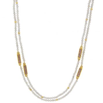 Shana Gulati: Zira Necklace-Sliced raw uncut diamonds, White labradorite beads, Gold pyrite beads, Pink resin, Vermeil 18K gold