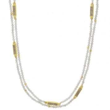 Shana Gulati:Zira Necklace,Sliced raw uncut diamonds,white labradorite beads, gold pyrite beads, White Resin,18k gold vermeil