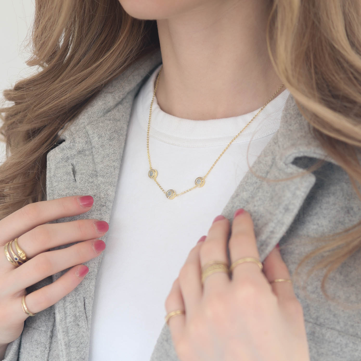 Shana Gulati:DAGNY station necklace Sliced raw uncut diamonds, White Resin, Pave champagne diamonds, Vermeil 18K