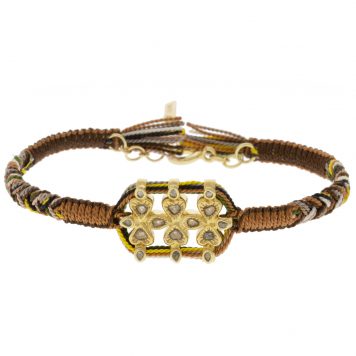Marie Laure Chamorel:Bracelet ,Sterling Silver 925, silk and crystal,Polki diamonds,hearts and mini drops Gold,Caramel,Brown