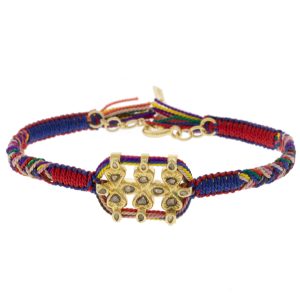 Marie Laure Chamorel:Bracelet ,Sterling Silver 925, silk and crystal,Polki diamonds,hearts and mini drops Gold,Red,Navy