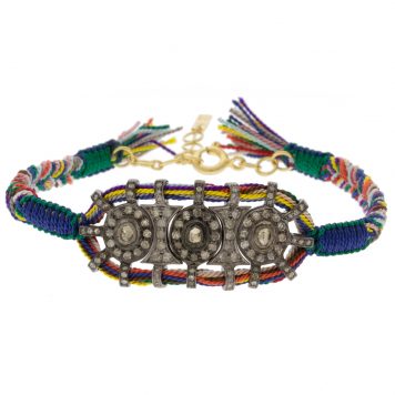 Marie Laure Chamorel:Bracelet ,Sterling Silver 925, silk and crystal,Polki and uncut mini diamonds ,Blue