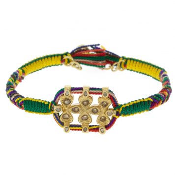 Marie Laure Chamorel:Bracelet ,Sterling Silver 925, silk and crystal,Polki diamonds,hearts and mini drops Gold,Green,Yellow