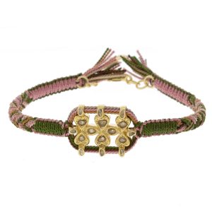 Marie Laure Chamorel:Bracelet ,Sterling Silver 925, silk and crystal,Polki diamonds,hearts and mini drops Gold,Kaki,Pink