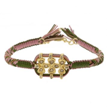 Marie Laure Chamorel:Bracelet ,Sterling Silver 925, silk and crystal,Polki diamonds,hearts and mini drops Gold,Kaki,Pink