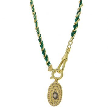 Marie Laure Chamorel:Necklace,Sterling Silver 925, silk and crystal,Reversible medallion set with a Polki diamond and mini irregular diamonds-Gold Green