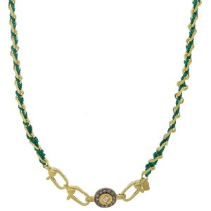 Marie Laure Chamorel:Necklace,Sterling Silver 925, silk and crystal,Reversible medallion set with a Polki diamond and mini irregular diamonds,Gold,Green