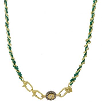Marie Laure Chamorel:Necklace,Sterling Silver 925, silk and crystal,Reversible medallion set with a Polki diamond and mini irregular diamonds,Gold,Green