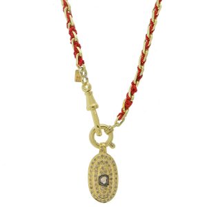 Marie Laure Chamorel:Necklace,Sterling Silver 925, silk and crystal,Reversible medallion set with a Polki diamond and mini irregular diamonds-Gold Red