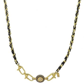 Marie Laure Chamorel:Necklace,Sterling Silver 925, silk and crystal,Reversible medallion set with a Polki diamond and mini irregular diamonds-Gold Black