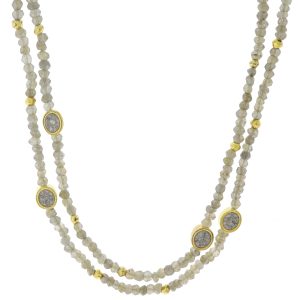 Shana Gulati: Indore Necklace - White Labradorite Beads, Silver Resin, Vermeil 18k