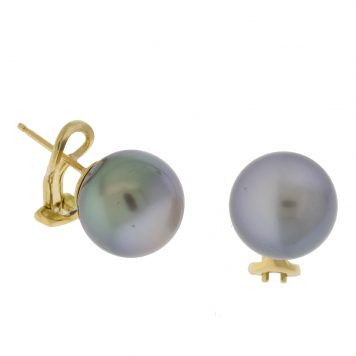 Alison Shiboski:18k Omega post earrings 12.5mm Tahitian Pearls