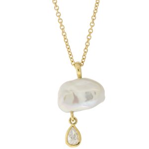 Alison Shiboski: 18k Freshwater Pearl Cloud w/ 0.23ct pear shaped diamond, 16" cable chain