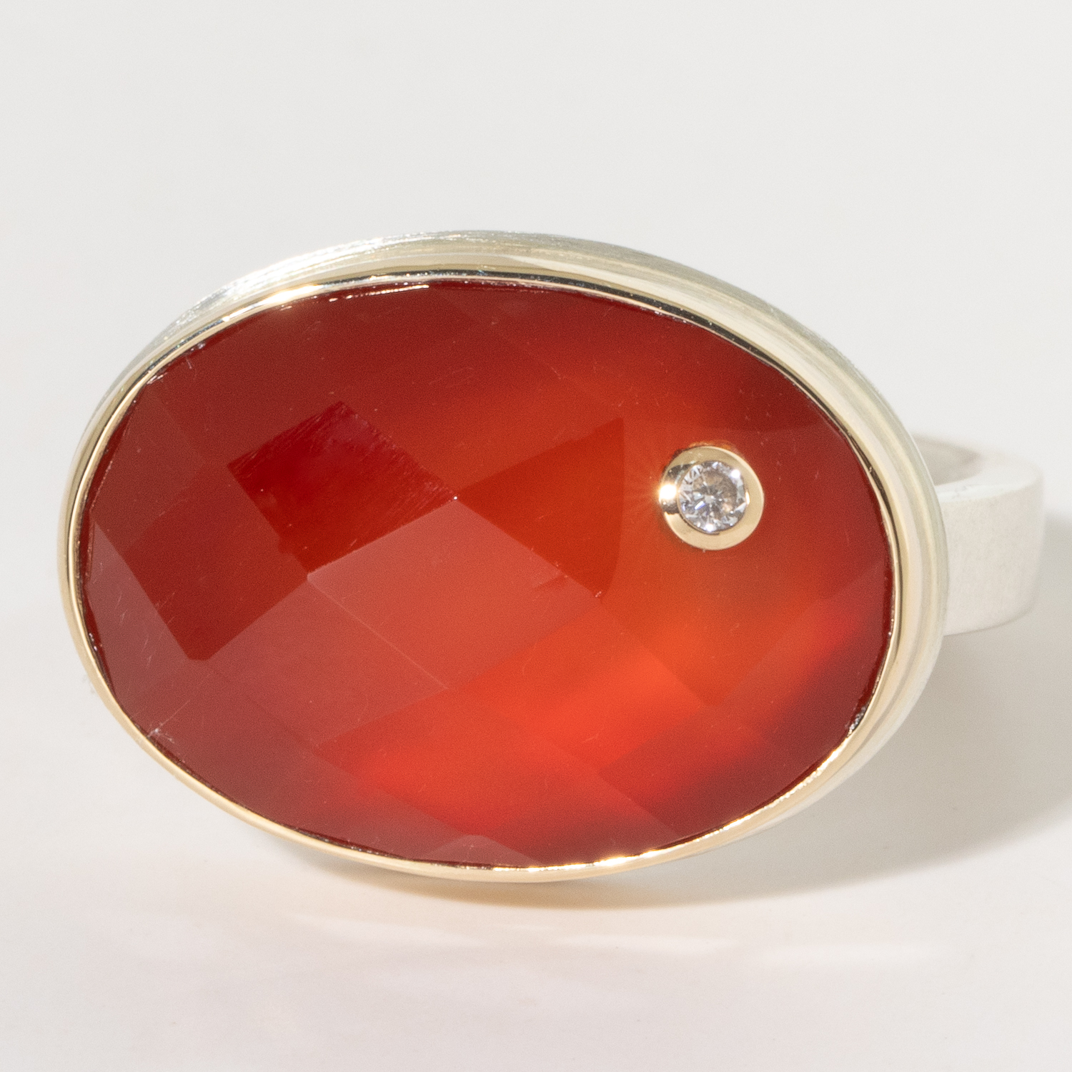 Jamie Joseph:Sterling & 14K Gold Ring w/ Checkerboard Oval Carnelian & .03 ct Diamond on X Band