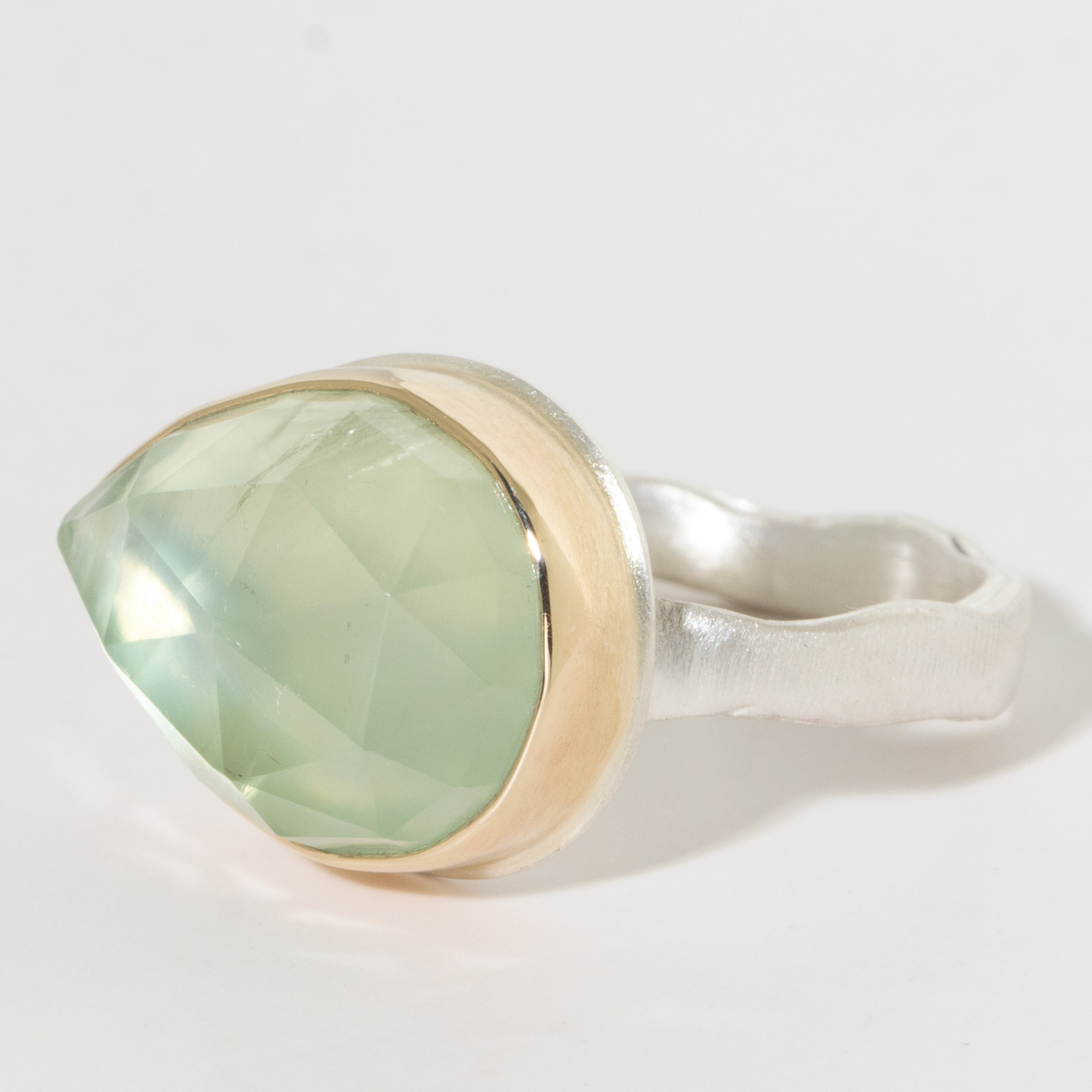 Jamie Joseph:Sterling & 14K Gold Ring w/ Teardrop Rosecut PREHNITE on Eroded Live Edge Band