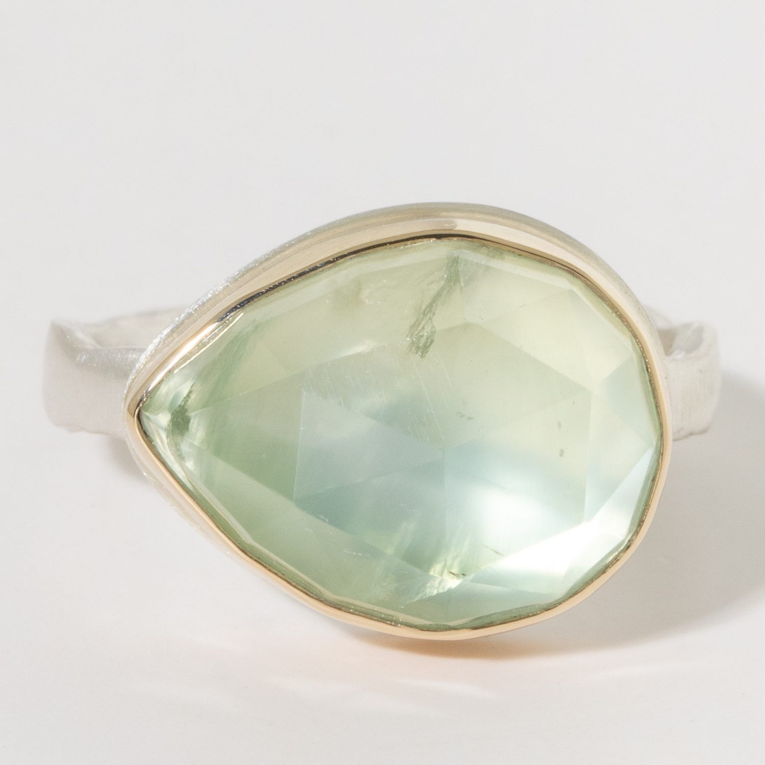 Jamie Joseph:Sterling & 14K Gold Ring w/ Teardrop Rosecut PREHNITE on Eroded Live Edge Band