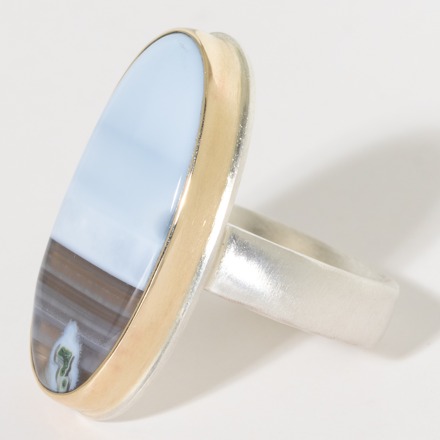 Jamie Joseph:Sterling & 14K Gold Ring w/ Vertical Oval BLUE INDONESIAN FOSSILIZED OPALIZED WOOD on Comfort Band