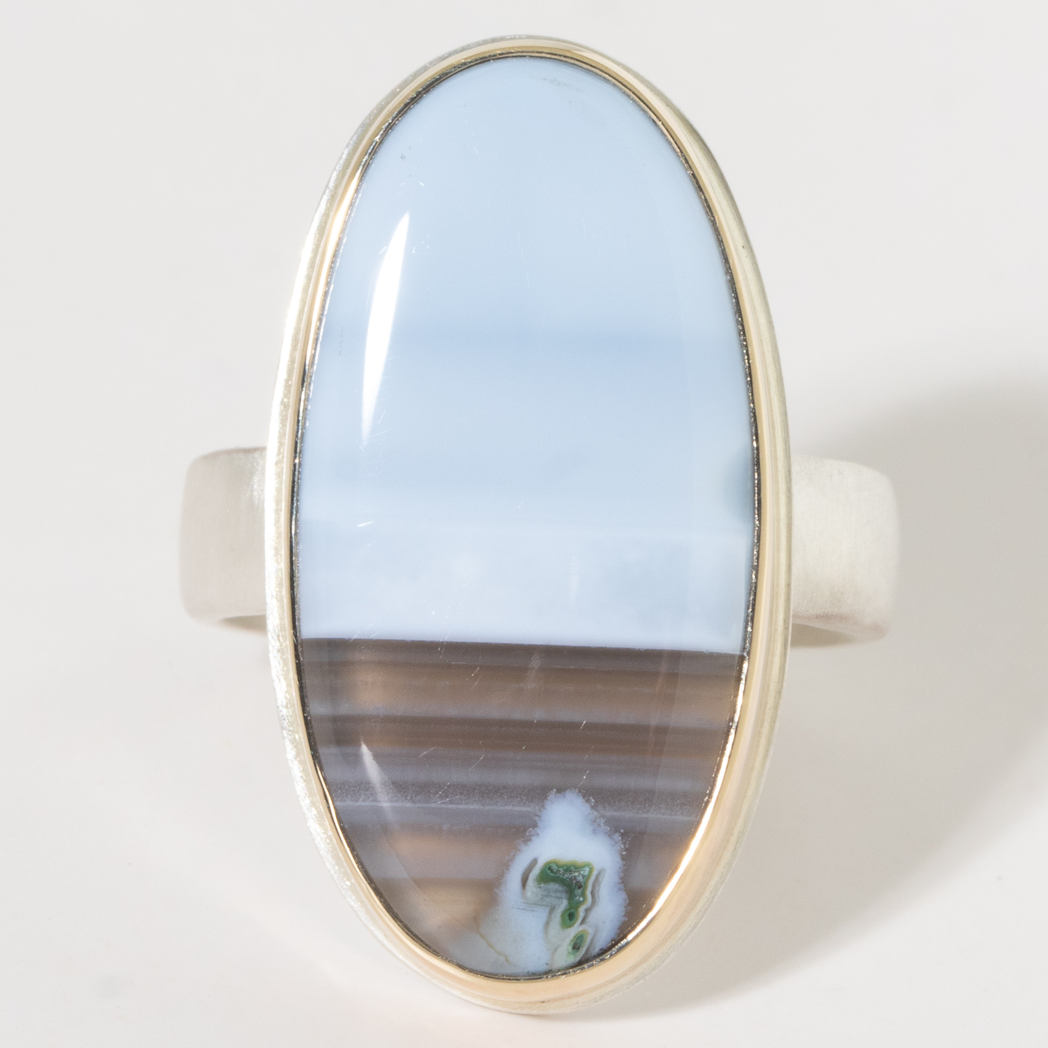 Jamie Joseph:Sterling & 14K Gold Ring w/ Vertical Oval BLUE INDONESIAN FOSSILIZED OPALIZED WOOD on Comfort Band