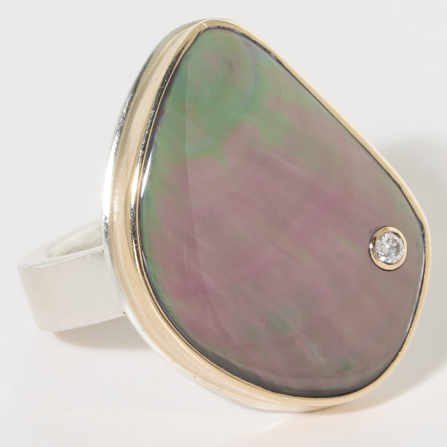 Jamie Joseph:Sterling & 14K Gold Ring w/Asymmetrical Vertical BLACK MOTHEROF-PEARL and .03 Pt Diamond on Y Band