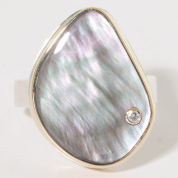 Jamie Joseph:Sterling & 14K Gold Ring w/Asymmetrical Vertical BLACK MOTHEROF-PEARL and .03 Pt Diamond on Y Band