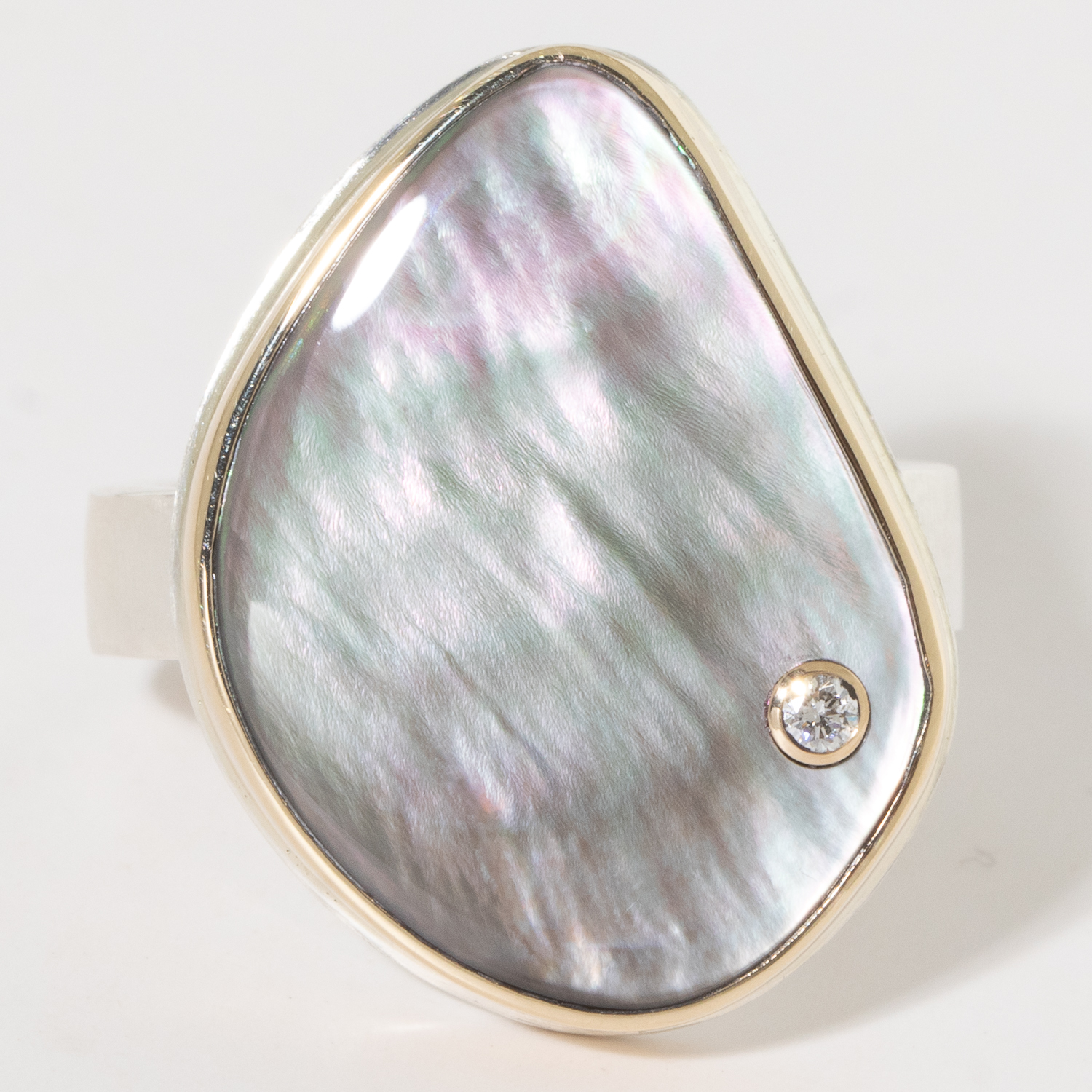 Jamie Joseph:Sterling & 14K Gold Ring w/Asymmetrical Vertical BLACK MOTHEROF-PEARL and .03 Pt Diamond on Y Band
